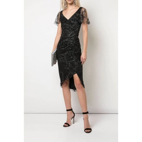 NWT Marchesa Notte Black Lace V-Neck Flocked Midi Dress $495 - Picture 2 of 7